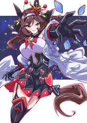 Rule 34 | 1girl, alternate costume, animal ears, black dress, black gloves, boots, bow, braided hair rings, breasts, brown hair, clothing cutout, coat, commentary, dress, ear covers, ear ornament, galaxy background, garter straps, gentildonna (umamusume), gloves, hair between eyes, hair rings, heart, horse ears, horse girl, horse tail, knee boots, large breasts, long sleeves, looking at viewer, medium hair, nodachi (artist), off shoulder, red eyes, smile, solo, star (symbol), tail, tail through clothes, thighs, umamusume, white coat