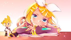 Rule 34 | 1boy, 1girl, aqua eyes, bare shoulders, blonde hair, bow, brother and sister, chair, crossed arms, desk, detached sleeves, hair bow, hair ornament, hairclip, half-closed eyes, head rest, head tilt, headphones, headset, kagamine len, kagamine rin, kawahara chisato, leg warmers, looking at viewer, mini person, miniboy, nail polish, necktie, number tattoo, on desk, paper, pink background, sailor collar, short hair, shorts, shoulder tattoo, siblings, sitting, smile, sparkle, tattoo, twins, vocaloid, yellow nails