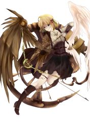 Rule 34 | 1girl, ahoge, angel, angel wings, arisa01, arrow (projectile), asymmetrical wings, blonde hair, blue eyes, boots, borrowed character, bow (weapon), butterfly hair ornament, cassie (acerailgun), cyborg, feathered wings, full body, gears, hair ornament, highres, jewelry, mechanical arms, mechanical wings, original, pendant, simple background, single mechanical arm, skirt, solo, steampunk, weapon, white background, wings