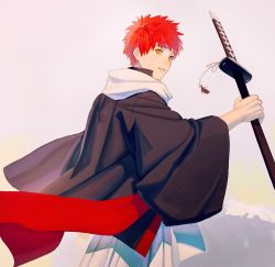 Rule 34 | 1boy, alternate costume, black kimono, fate/grand order, fate (series), from side, highres, holding, holding sword, holding weapon, japanese clothes, katana, kimono, looking at viewer, male focus, parted lips, red hair, scarf, senji muramasa (fate), senji muramasa (third ascension) (fate), simple background, solo, sumssingbo, sword, tassel, upper body, weapon, white scarf, wide sleeves, yellow eyes