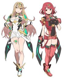 Rule 34 | bare legs, bare shoulders, black gloves, blonde hair, breasts, chest jewel, cleavage, cleavage cutout, clothing cutout, dress, earrings, elbow gloves, fingerless gloves, gloves, highres, jewelry, large breasts, long hair, mythra (xenoblade), pyra (xenoblade), red eyes, red hair, red legwear, red shorts, shisoneri, short dress, short hair, short shorts, shorts, swept bangs, thigh strap, thighhighs, tiara, very long hair, white dress, white footwear, white gloves, xenoblade chronicles (series), xenoblade chronicles 2, yellow eyes