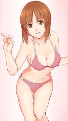 Rule 34 | 10s, 1girl, aged up, bikini, breasts, cleavage, collarbone, commentary, egooo, girls und panzer, gluteal fold, head tilt, leaning forward, legs, looking at viewer, medium breasts, navel, nishizumi miho, parted lips, pink background, pink bikini, short hair, skindentation, smile, solo, standing, string bikini, swimsuit, thigh gap, w arms