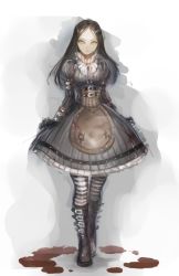 Rule 34 | 1girl, alice: madness returns, alice (alice in wonderland), alice liddell (american mcgee&#039;s alice), american mcgee&#039;s alice, american mcgee's alice, black hair, blood, boots, breasts, closed mouth, dress, gloves, gothic lolita, highres, lolita fashion, long hair, looking at viewer, pantyhose, simple background, solo, striped clothes, striped pantyhose, type-alpha