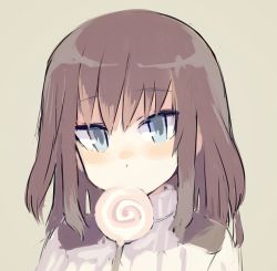 Rule 34 | 1girl, aged down, bad id, bad twitter id, blue eyes, brown hair, candy, elizabeth f. beurling, food, lollipop, long hair, looking at viewer, ohashi (hashidate), ribbed sweater, solo, strike witches, strike witches: suomus misfits squadron, sweater, swirl lollipop, turtleneck, upper body, world witches series