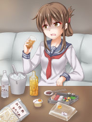 Rule 34 | 1girl, alcohol, anchor symbol, anti (untea9), bottle, breasts, brown hair, chopsticks, couch, cup, disgust, drinking glass, eating, folded ponytail, food, hair ornament, hair ribbon, hairclip, highres, holding, holding cup, ice, inazuma (kancolle), kantai collection, long hair, long sleeves, makizushi, neckerchief, pincers, plate, pudding, ribbon, rice, salmon, school uniform, serafuku, shaded face, shirt, sitting, small breasts, soda bottle, solo, soy sauce, sushi, table, white shirt