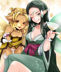 Rule 34 | 10s, 2girls, :d, :q, alicia rue, animal ears, bad id, bad pixiv id, bell, neck bell, blonde hair, breasts, cat ears, cleavage, collar, cup, downblouse, drinking glass, ear covers, fairy, fang, green eyes, green hair, hair tubes, japanese clothes, long hair, medium breasts, multiple girls, one eye closed, open mouth, pointy ears, red eyes, sakuya (sao), settyaro, slit pupils, small breasts, smile, sword art online, tan, tongue, tongue out, wavy hair, wine glass, wink