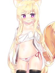 Rule 34 | 1girl, animal ears, bad id, bad pixiv id, black thighhighs, blonde hair, blouse, bomu, covering breasts, covering privates, cowboy shot, female focus, flat chest, fox, fox ears, fox tail, long hair, looking at viewer, navel, no bra, no pants, original, panties, petite, purple eyes, shirt, side-tie panties, simple background, solo, standing, striped clothes, striped panties, symbol-shaped pupils, tail, thighhighs, underwear, upper body, white background, white shirt