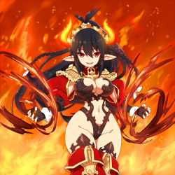 Rule 34 | 1girl, bad id, bad pixiv id, black gloves, black hair, black leotard, boots, braid, breasts, cleavage, cowboy shot, epaulettes, fiery horns, fingerless gloves, fire, fire, gloves, hair ornament, horns, hotori (sion), jacket, large breasts, leotard, long hair, long sleeves, looking at viewer, navel, original, parted lips, pointy ears, ponytail, pyrokinesis, red eyes, red footwear, red jacket, smile, solo, standing, thigh boots, thighhighs, twin braids