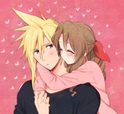Rule 34 | 1boy, 1girl, 2020, :t, aerith gainsborough, arms around neck, bad id, bad pixiv id, black shirt, blonde hair, blue eyes, blush, bow, brown hair, closed eyes, cloud strife, couple, dated, final fantasy, final fantasy vii, hair bow, hetero, holding hands, hug, hug from behind, interlocked fingers, krudears, long hair, long sleeves, pink background, pink shirt, ponytail, red bow, shirt, spiked hair, upper body