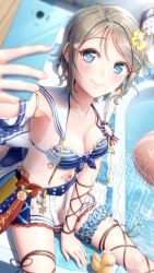 Rule 34 | 1girl, arm between legs, arm support, armlet, armpits, badge, ball, beachball, bikini, bikini top only, blue eyes, blurry, blurry background, blush, breasts, cellphone, character name, cleavage, collarbone, earrings, front-tie bikini top, front-tie top, grey hair, hair ornament, hat, highres, jewelry, love live!, love live! sunshine!!, medium breasts, navel, outstretched arm, phone, pleated skirt, pool, poolside, rubber duck, sailor collar, sailor hat, see-through, selfie, short hair, skirt, sleeveless, smartphone, smile, solo, star (symbol), striped bikini, striped bikini top, striped clothes, swimsuit, tattoo, thigh strap, toine, watanabe you, water, x hair ornament