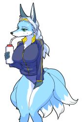 Rule 34 | 1girl, breasts, drinking, female focus, fox, furry, furry female, green eyes, grey hair, kazuhiro, long hair, multiple tails, simple background, solo, sportswear, tail, white background