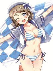 1girl ;d absurdres barefoot beret bikini blue_eyes blush bow breasts brown_hair cleavage collarbone cowboy_shot crop_top female_focus hat hat_bow head_tilt highres looking_at_viewer love_live! love_live!_sunshine!! medium_breasts navel one_eye_closed open_clothes open_mouth open_shirt outstretched_arms sailor_collar sankuro_(agoitei) scan short_hair short_sleeves side-tie_bikini_bottom simple_background smile solo spread_arms stomach striped_bikini striped_clothes swimsuit thighs watanabe_you white_background white_hat