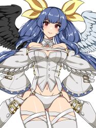 Rule 34 | 1girl, alternate color, angel wings, asymmetrical wings, bare shoulders, black panties, black thighhighs, blue hair, blush, breasts, cleavage, closed mouth, cohina, dizzy (guilty gear), guilty gear, guilty gear xrd, hair rings, hand on own hip, highres, large breasts, looking at viewer, mature female, midriff, monster girl, navel, panties, red eyes, ribbon, skindentation, smile, solo, thick thighs, thigh gap, thighhighs, thighs, twintails, underwear, wings, yellow ribbon