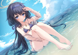 Rule 34 | 1girl, alternate costume, bare legs, barefoot, beach, bikini, black hair, blue archive, blush, breasts, closed mouth, cloud, collarbone, day, feet, hair between eyes, hairband, halo, highres, long hair, long sleeves, looking at viewer, off shoulder, open clothes, outdoors, purple bikini, shirt, sitting, sky, small breasts, solo, swimsuit, thighs, toes, twintails, ui (blue archive), umou (may65879), very long hair, water, wet, wet clothes, wet shirt