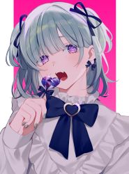 Rule 34 | 1girl, achiki, blush, candy, dress, earrings, fangs, food, hair ribbon, hand up, highres, jewelry, lollipop, looking at viewer, medium hair, nail polish, open mouth, portrait, ribbon, simple background, solo, twintails