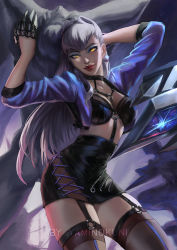 Rule 34 | 1girl, breasts, claws, demon girl, evelynn (league of legends), garter straps, highres, k/da (league of legends), kneehighs, league of legends, lipstick, long hair, looking at viewer, makeup, open clothes, silver hair, skirt, socks, statue, yaminokuni, yellow eyes