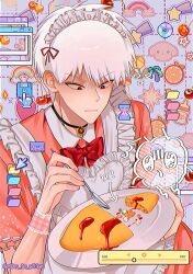 Rule 34 | 1boy, ;i, akagi: yami ni oritatta tensai, akagi shigeru, alternate costume, apron, bow, bowtie, cheese, closed mouth, cloud, commentary, crossdressing, enmaided, food, frilled apron, frills, fukumoto mahjong, grey background, grid background, heart apron, highres, holding, holding plate, holding spoon, juliet sleeves, ketchup, long sleeves, looking down, maid, maid apron, maid headdress, male focus, medium bangs, omelet, omurice, pink shirt, plate, puffy sleeves, rainbow, red bow, red bowtie, red eyes, shirt, siho is alien, solo, spoon, swiss cheese, symbol-only commentary, upper body, white apron, white hair, wrist cuffs
