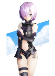 Rule 34 | 1girl, armor, artist name, bad id, bad pixiv id, bare shoulders, black gloves, black thighhighs, blue sky, blush, broken armor, closed mouth, cloud, cloudy sky, covered erect nipples, covering privates, covering one breast, cowboy shot, elbow gloves, embarrassed, fate/grand order, fate (series), frown, gloves, hair over one eye, half-closed eye, highres, leotard, looking away, looking down, mash kyrielight, one breast out, outside border, pink hair, short hair, single thighhigh, sky, solo, standing, thigh gap, thigh strap, thighhighs, thighs, torn clothes, torn leotard, uneven eyes