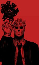 Rule 34 | 1boy, clenched hand, commentary, dorohedoro, english commentary, formal, highres, limited palette, male focus, mask, necktie, red background, red thighhighs, shin (dorohedoro), solo, stitched fingers, stitched hand, stitches, suit, thighhighs, titann, upper body