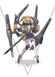 Rule 34 | 1girl, absurdres, blonde hair, blue skirt, brown eyes, brown jacket, closed mouth, clothes writing, cyborg, floating, floating headgear, frown, gem, gun, headgear, high heels, highres, holding, holding sword, holding weapon, hood, hood down, hooded jacket, jacket, jinyu lao honglingjin, knee pads, mecha musume, mechanical arms, medium hair, missile pod, open clothes, open jacket, orange gemstone, original, science fiction, single knee pad, skindentation, skirt, solo, sword, thigh strap, v-shaped eyebrows, weapon