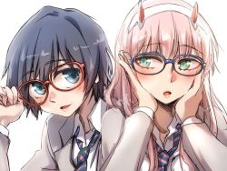 Rule 34 | 10s, 1boy, 1girl, adjusting eyewear, androgynous, black hair, blue eyes, blush, commentary request, couple, darling in the franxx, glasses, green eyes, grey jacket, hair ornament, hairband, hand on eyewear, hands on own face, herozu (xxhrd), hiro (darling in the franxx), horns, jacket, long hair, long sleeves, oni horns, open clothes, open jacket, pink hair, red horns, short hair, striped neckwear, white hairband, zero two (darling in the franxx)