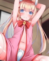 Rule 34 | 1girl, animal ear fluff, animal ears, armpits, arms up, bell, blonde hair, blue eyes, blush, bow, bowtie, breasts, buta (uhoiiotoko), closed mouth, commentary request, cowboy shot, fox ears, fundoshi, hair ornament, hairclip, highres, indoors, japanese clothes, jingle bell, kemomimi oukoku kokuei housou, long hair, looking at viewer, mikoko (kemomimi oukoku kokuei housou), navel, red bow, red bowtie, shiny skin, small breasts, solo, thighhighs, twintails, virtual youtuber, wavy mouth, white thighhighs