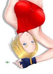 Rule 34 | 1girl, bare shoulders, blonde hair, blue eyes, blue mary, breasts, crop top, fatal fury, highres, large breasts, short hair, sleeveless, the king of fighters, tomacomato8, upper body, upside-down, white background