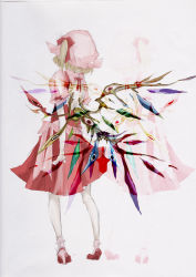 Rule 34 | 1girl, alternate wings, dress, female focus, flandre scarlet, from behind, full body, graphite (medium), hat, red dress, short hair, side ponytail, solo, embodiment of scarlet devil, touhou, traditional media, ue toono (atano), white background, wings