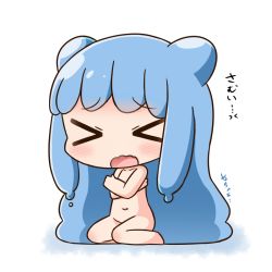 Rule 34 | &gt; &lt;, 1girl, blue hair, blush, chibi, collarbone, commentary request, covering privates, covering chest, crossed arms, double bun, full body, hair bun, half slime-chan, hana kazari, long hair, navel, nude, open mouth, original, sitting, solo, translation request, very long hair, wariza, wavy mouth, white background
