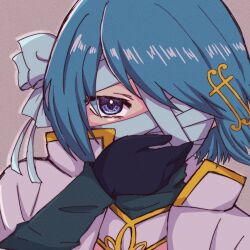 Rule 34 | 1girl, absurdres, amai yume, bandaged head, bandages, black gloves, blue eyes, blue hair, bow, cape, covering own mouth, fortissimo, gloves, hair bow, hair ornament, highres, magical girl, mahou shoujo madoka magica, mahou shoujo madoka magica: walpurgis no kaiten, miki sayaka, musical note, musical note hair ornament, one eye covered, short hair, solo, upper body, white bow, white cape