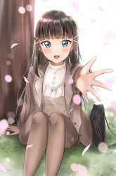 Rule 34 | 1girl, :d, bag, blazer, blue eyes, blunt bangs, blurry, blurry foreground, blush, brown hair, brown jacket, brown pantyhose, brown shirt, commentary request, depth of field, grass, hair ornament, hairclip, highres, jacket, knees up, kurosawa dia, long hair, long sleeves, looking at viewer, love live!, love live! school idol festival, love live! sunshine!!, mole, mole under mouth, on grass, open clothes, open jacket, open mouth, outstretched arm, pantyhose, red shorts, shirt, short shorts, shorts, sin (sin52y), sitting, smile, solo, tree, very long hair