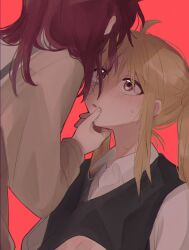 Rule 34 | 2girls, ahoge, black sweater vest, blonde hair, blush, bocchi the rock!, brown shirt, collared shirt, commentary request, hand on another&#039;s chin, highres, ijichi nijika, kita ikuyo, long hair, looking at another, multiple girls, parted lips, pinkroll1280, red background, red eyes, red hair, school uniform, serafuku, shirt, side ponytail, simple background, sweat, sweater vest, white shirt, yuri