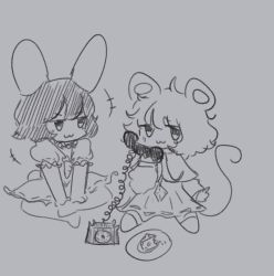 Rule 34 | 2girls, animal ears, antique phone, carrot, cheese, dress, food, greyscale, holding, holding phone, inaba tewi, melansoda, monochrome, mouse ears, mouse tail, multiple girls, nazrin, on floor, phone, pinafore dress, plate, rabbit ears, rabbit tail, rotary phone, sitting, sleeveless, sleeveless dress, tail, touhou