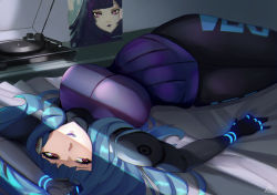 Rule 34 | 1girl, bl/ess, blue hair, blunt bangs, breasts, copyright name, cyberpunk, cyborg, highres, kira miki, large breasts, light rays, lips, lipstick, long hair, lying, makeup, narrow waist, neon trim, on back, on bed, pants, phonograph, purple lips, record, red eyes, ribbon, robot ears, solo, tight clothes, tight pants, upside-down, va-11 hall-a