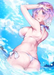 Rule 34 | 1girl, absurdres, arm up, ass, bare arms, bare shoulders, bikini, blue sky, blush, breasts, cloud, cloudy sky, commentary request, day, fate/grand order, fate (series), from behind, halterneck, hand on own head, highres, kanola u, large breasts, looking at viewer, looking back, mash kyrielight, open mouth, outdoors, partially submerged, pink hair, shiny skin, short hair, side-tie bikini bottom, sideboob, sky, solo, sparkle, sunlight, swimsuit, thighs, thong, thong bikini, water, water drop, wet, white bikini