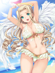 Rule 34 | 1girl, angel, aqua eyes, arms up, ball, beach, beachball, bikini, blonde hair, blush, breasts, cleavage, day, drill hair, feathers, front-tie top, halo, highres, large breasts, long hair, monety, open mouth, original, shiny skin, side-tie bikini bottom, smile, solo, swimsuit, thigh gap, very long hair, white wings, wings