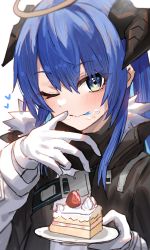 Rule 34 | 1girl, ;q, absurdres, arknights, black jacket, blue eyes, blue hair, blush, cake, cake slice, closed mouth, food, food on face, fruit, fur-trimmed jacket, fur trim, heart, highres, holding, holding plate, horn/wood, horns, jacket, long hair, long sleeves, looking at viewer, mostima (arknights), one eye closed, open clothes, open jacket, panties, plate, smile, solo, strawberry, tongue, tongue out, underwear, upper body, white panties