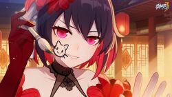 Rule 34 | 1girl, bare shoulders, chinese clothes, dark red hair, drawing, dress, evil smile, flower, flower on head, gloves, highres, honkai (series), honkai impact 3rd, official alternate costume, official art, official wallpaper, red dress, red eyes, red flower, red gloves, red hair, seele (alter ego), seele vollerei, seele vollerei (stygian nymph), smile, solo, solo focus