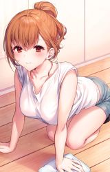 Rule 34 | 1girl, all fours, bare arms, breasts, collarbone, commentary request, denim, denim shorts, grey shorts, hair bun, highres, kinjo no nanako-san, komeshiro kasu, large breasts, long hair, looking at viewer, nanako-san, on floor, orange hair, red eyes, shirt, short shorts, short sleeves, shorts, single hair bun, smile, solo, thighs, white shirt, wooden floor