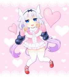 Rule 34 | 10s, 1girl, black bow, black hairband, blue eyes, blunt bangs, bow, capelet, cookie, dragon girl, dragon horns, dragon tail, dress, food, full body, hair bow, hair ornament, hairband, heart, heart-shaped pupils, holding, holding food, horns, kanna kamui, kobayashi-san chi no maidragon, long hair, looking at viewer, monster girl, nashirasauce, open mouth, red footwear, shiny skin, shoes, short dress, silver hair, solo, symbol-shaped pupils, tail, thick thighs, thighhighs, thighs, twintails, white thighhighs, wide hips, zettai ryouiki