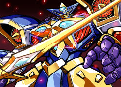 Rule 34 | blue eyes, embers, grungust ichishiki, hamuten (hmltzero), holding, holding sword, holding weapon, looking at viewer, looking down, marker (medium), mecha, no humans, open hand, robot, solo, super robot, super robot wars, super robot wars original generation, sword, traditional media, weapon