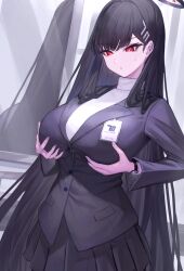 Rule 34 | 1girl, black hair, blazer, blue archive, breast hold, breasts, hair ornament, hairclip, halo, highres, jacket, large breasts, long hair, moco (moco 28), pleated skirt, red eyes, rio (blue archive), skirt, solo, sweatdrop, sweater, turtleneck, turtleneck sweater, very long hair, watch, wristwatch