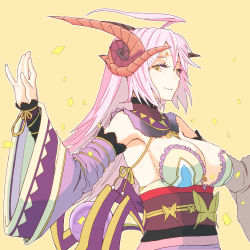 Rule 34 | 1girl, ahoge, between breasts, breasts, bug, butterfly, cleavage, confetti, detached sleeves, dragon girl, dragon horns, eyelashes, frills, horns, huge ahoge, bug, japanese clothes, kanna (p&amp;d), large breasts, long hair, looking at viewer, obi, outstretched arms, pink hair, puzzle &amp; dragons, sash, shibumi, smile, solo, wide sleeves, yellow eyes