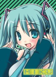 Rule 34 | 1girl, :d, amane sou, aqua hair, blush, character name, collared shirt, detached sleeves, eyebrows, grey shirt, hair between eyes, hair ornament, hand on headphones, hatsune miku, headphones, long hair, looking at viewer, microphone, nail polish, necktie, open mouth, shirt, smile, solo, striped, striped background, twintails, vocaloid