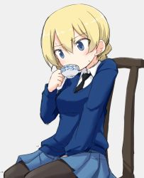 Rule 34 | 10s, 1girl, between legs, black necktie, black pantyhose, blonde hair, blue eyes, blue skirt, blue sweater, blush, braid, chair, check commentary, commentary request, cup, darjeeling (girls und panzer), dress shirt, drinking, girls und panzer, grey background, hand between legs, holding, holding cup, kakizaki (chou neji), long sleeves, looking to the side, miniskirt, necktie, pantyhose, pleated skirt, school uniform, shirt, short hair, simple background, sitting, skirt, solo, st. gloriana&#039;s school uniform, sweatdrop, sweater, teacup, twin braids, v-neck, white shirt, wing collar