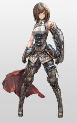 Rule 34 | 1girl, armor, blouse, blue eyes, boots, corset, cross-laced footwear, crossed bangs, female focus, full body, gloves, grey background, highres, lace-up boots, legs apart, nihoshi (bipedal s), original, shield, shirt, simple background, solo, standing, thigh boots, thighhighs, white shirt