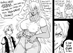 Rule 34 | 1boy, 1girl, abs, absurdres, ahoge, alternate costume, animal ears, bb (baalbuddy), breasts, comic, commission, covered erect nipples, cropped shirt, dark-skinned female, dark skin, denim, emphasis lines, english text, eyepatch, facial scar, flying sweatdrops, ghislaine dedoldia, height difference, hetero, high-waist pants, highres, jeans, large breasts, long hair, looking at another, midriff, muscular, muscular female, mushoku tensei, pants, rudeus greyrat, scar, scar on cheek, scar on face, scar on stomach, shirt, short hair, short sleeves, shouting, smile, stomach, tall female, toned, truth, v-shaped eyebrows, very long hair, vest