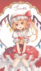 Rule 34 | 1girl, :d, ascot, blonde hair, blood, bow, character name, collared shirt, crystal, embellished costume, fangs, feet out of frame, flandre scarlet, frilled ascot, frilled sleeves, frilled socks, frills, hair between eyes, hat, hat bow, head tilt, highres, knees together feet apart, lace-trimmed sleeves, lace trim, long hair, medium skirt, meisa, mob cap, open mouth, picture frame, puffy short sleeves, puffy sleeves, red bow, red eyes, red skirt, red vest, ribbon-trimmed legwear, ribbon trim, shade, shirt, shirt tucked in, short sleeves, side ponytail, signature, sitting, skirt, skirt set, smile, socks, solo, straight-on, touhou, v arms, vest, white background, white bow, white hat, white shirt, white socks, wings, wrist cuffs, yellow ascot