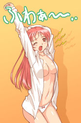Rule 34 | 1girl, breasts, large breasts, open clothes, open shirt, panties, potato house, red eyes, red hair, shirt, solo, underwear