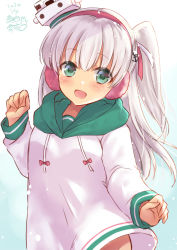 Rule 34 | 1girl, adapted costume, alternate costume, anchor hair ornament, artist logo, blush, dated, earmuffs, gradient background, green background, green eyes, hair ornament, hair ribbon, headgear, highres, hood, hooded jacket, jacket, kantai collection, long hair, long sleeves, maestrale (kancolle), mashiro yukiya, one-hour drawing challenge, one side up, open mouth, ribbon, signature, silver hair, smile, solo, white jacket, white ribbon